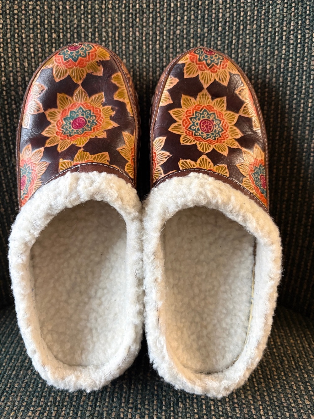 Women's Spring Step Lartiste Brown Floral Faux-Shearling Lined Slip-On Slippers